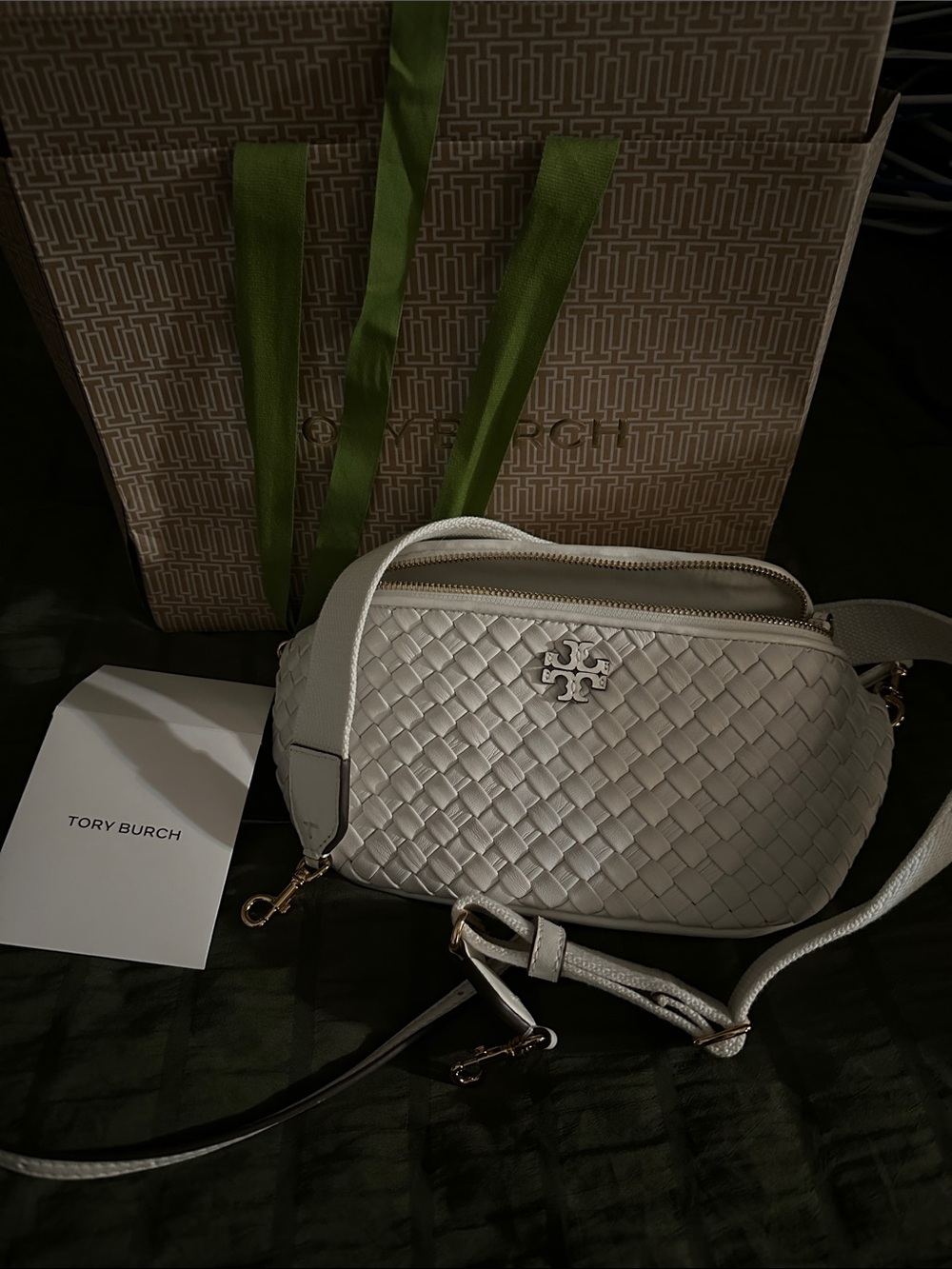 Tory Burch Woven Cream Leather Crossbody Bag with Logo Hardware